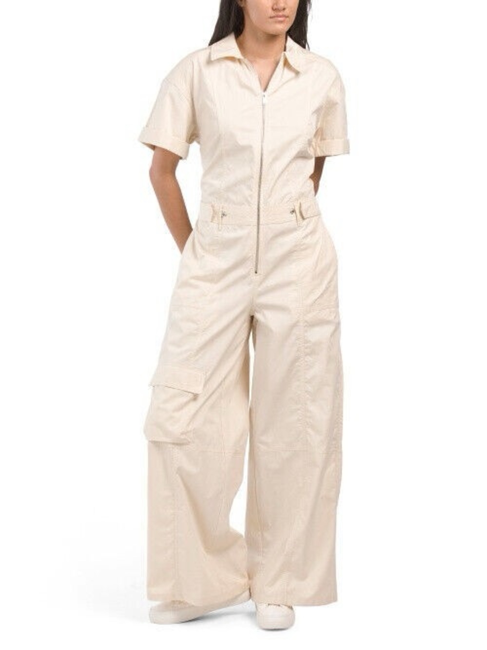 Zara Cream Ivory Wide Leg Boiler Jumpsuit Rolled Short Sleeves Pockets Front Zip